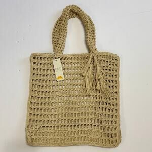 C&C California Crochet Jute Open Tote Bag with Tassel Natural Double Handle NEW
